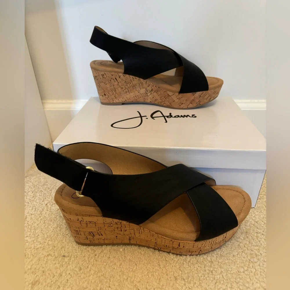 NIB Black wedge sandal on cork heel by J.Adams - 9